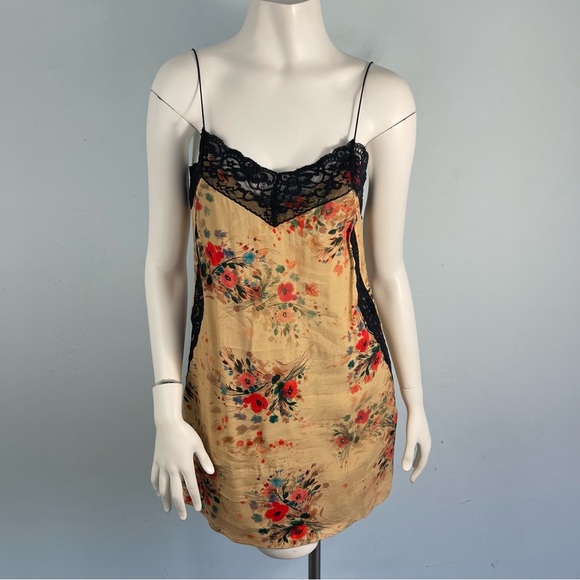 Zara Trafaluc Gold Floral Lace Trim Slip Mini Dress XS Fairy Y2K Boho Whimsigoth - Picture 1 of 12
